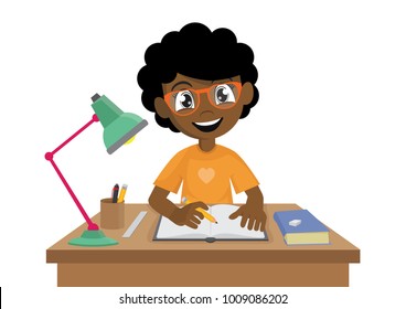 Cartoon Character, African Girl Makes A Homework., Vector Eps10