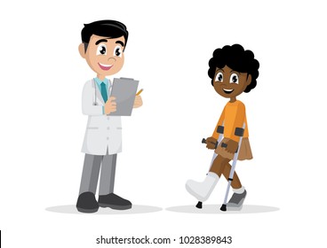 Cartoon character, The African girl with a plastered leg and crutches next to the doctor, vector eps10