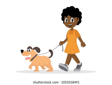 Cartoon character, African Girl walking with dog., vector eps10