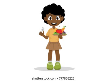 Cartoon character, The African girls like to eat vegetables and fruits., vector eps10