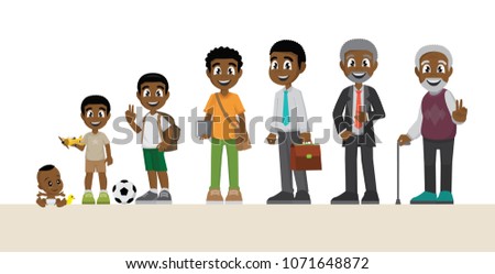 Cartoon, Character of a African man in different ages.. Baby, child, teenager, young, adult, old people.,vector eps10