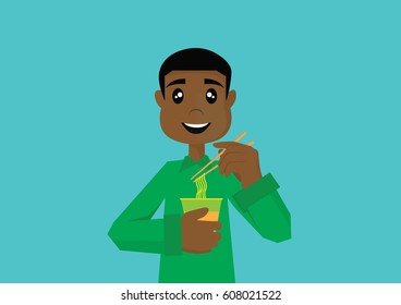 Cartoon character, African man eat noodle., vector eps10