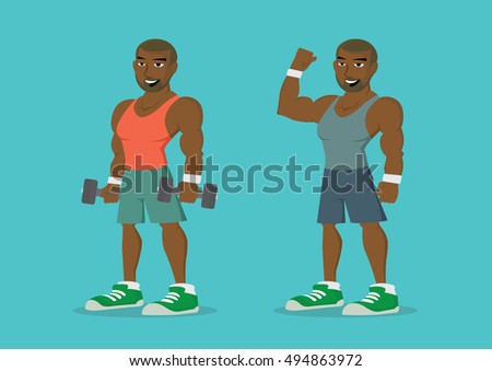 Cartoon character, African man holding dumbbell hand to Body look good., vector eps10