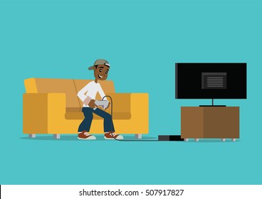 Cartoon character, African man playing game at home., vector eps10