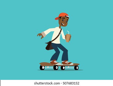 Cartoon character, African man riding skateboard and holding a glass of iced coffee., vector eps10