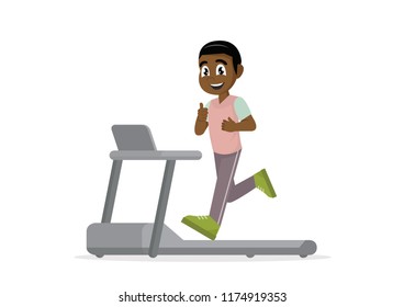 Cartoon character, African Man running on treadmill, vector eps10
