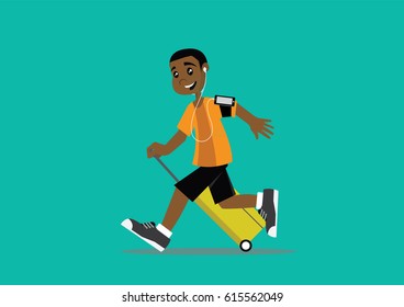 Cartoon character, African Man running with suitcase luggage going for holiday., vector eps10