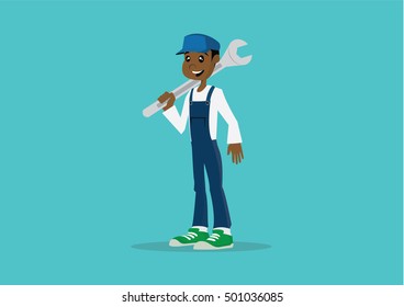 Cartoon character, African mechanic holding huge wrench., vector eps10