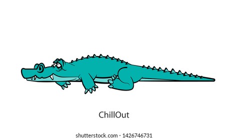 Cartoon character of a african south animal. A ridiculous cool happy crocodile is lying and just resting. Vector. Conceptual. Emotional grimaces. Relaxation.