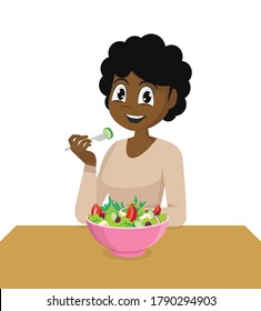 Cartoon character, African woman eating healthy vegetable salad. The concept of proper nutrition and healthy lifestyle.,vector eps10