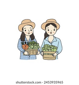 Cartoon character of agriculturist woman carrying vegetables.