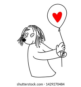 Cartoon character with air balloon in the hands with red heart. Wonderful birthday greeting, valentines, party banner. Dog cute smiling face. Heart love symbol. Sketch style painting, markers strokes