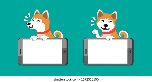 Cartoon character akita inu dog and smartphones for you design.