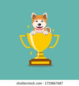 Cartoon character akita inu dog with gold trophy cup award for design.