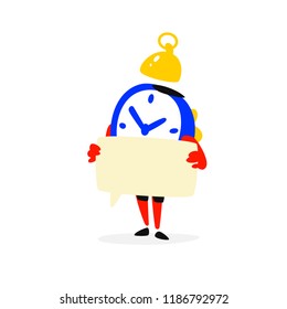 Cartoon character is an alarm clock. Vector. Time is running out. Clock with a sign. Time waits. Image is isolated on white background. Flat illustration for sign, print and website. Timing.