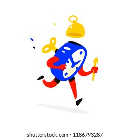 Cartoon character is an alarm clock. Vector. Time is running out. The clock is ringing. Time runs away. Image is isolated on white background. Flat illustration for sign, print and website. Timing.
