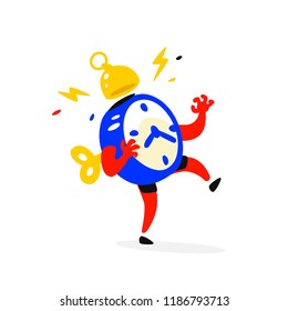 Cartoon character is an alarm clock. Vector. Time is running out. The clock is ringing. Time is running out. Image is isolated on white background. Flat illustration for sign, print and website.