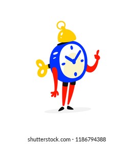 Cartoon character is an alarm clock. Vector. Time is running out. The clock is working. Time waits. Image is isolated on white background. Flat illustration for sign, print and website. Operating mode