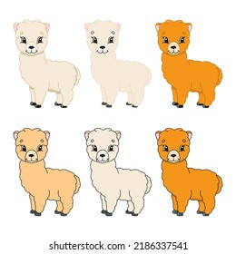 Cartoon character. Alpaca set. Colorful vector illustration. Isolated on white background. Design element. Template for your design, books, stickers, cards.