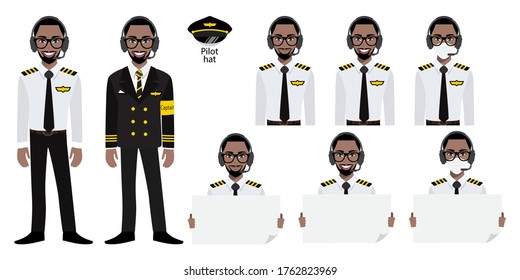 Cartoon character with Amarican African airline captain in uniform with smile , medical mask and holding poster template. Set of vector isolated illustrations