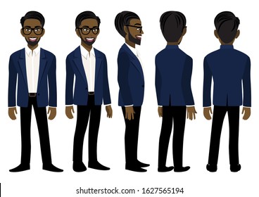 Cartoon character with American African business man in a blue suit for animation. Front, side, back, 3-4 view animated character. Flat vector illustration.