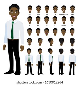 Cartoon character with American African business man in smart shirt for animation. Front, side, back, 3-4 view character. Separate parts of body. Flat vector illustration.