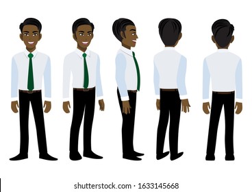 Cartoon character with American African business man in a smart shirt for animation. Front, side, back, 3-4 view animated character. Flat vector illustration.