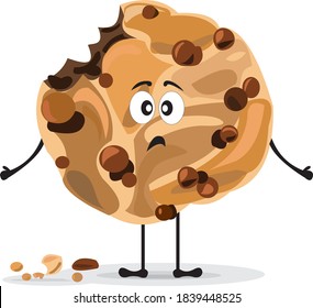 Cartoon character American cookie with chocolate and crumbs  on an isolated white background. Vector illustration. Bitten chocolate cookie. Choco chip cookie. Confused American cookie