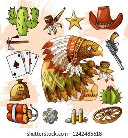 Cartoon character american wisdom eagle smoking pipe of peace in traditional indian national costume dress with set of classic western items. Vector white t-shirt print design