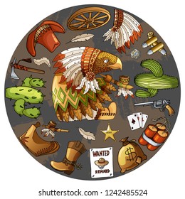 Cartoon character american wisdom eagle smoking pipe of peace in traditional indian national costume dress with set of classic western items. Vector t-shirt print design on gray round