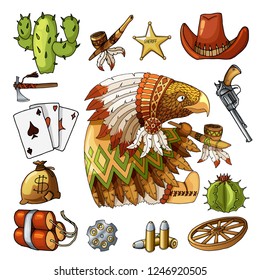 Cartoon character american wisdom eagle smoking pipe of peace in traditional indian national costume dress and set of classic western items. Vector t-shirt print or stickers set isolated on white