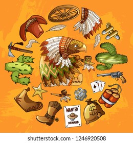 Cartoon character american wisdom eagle smoking pipe of peace in traditional indian national costume dress with set of classic western items. Vector orange t-shirt print design on round form