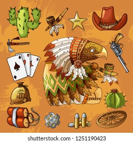Cartoon character american wisdom eagle smoking pipe of peace in traditional indian national costume dress with set of classic western items. Vector orange brown t-shirt print design