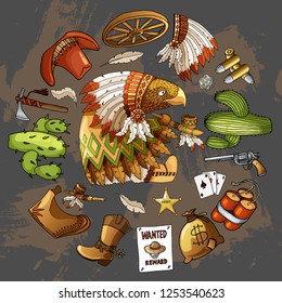 Cartoon character american wisdom eagle smoking pipe of peace in traditional indian national costume dress with set of classic western items. Vector gray t-shirt print design on round form
