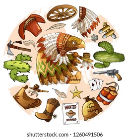 Cartoon character american wisdom eagle smoking pipe of peace in traditional indian national costume dress with set of classic western items. Vector white t-shirt print design on round form