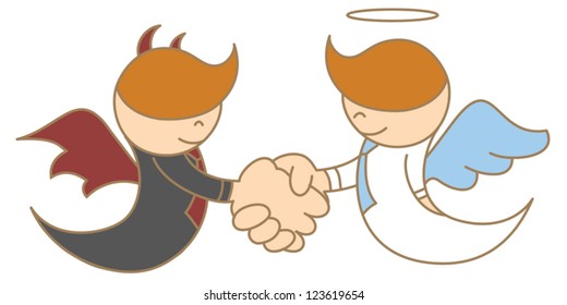 cartoon character of angel and devil shaking hand