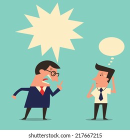 Cartoon character of angry boss being complaining to subordinate worker with copyspace. Simple design with easy to write your text or change color. 