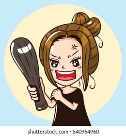 Cartoon Character angry cute woman wear black dress and holding a wooden club with her hand, Crazy woman concept. Vector illustration.