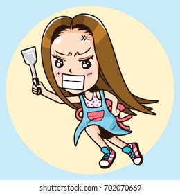 Cartoon Character angry cute woman wear blue apron and holding a stainless steel flipper with her hand, Crazy and angry woman concept. Vector illustration.