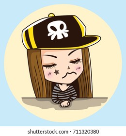 Cartoon Character angry cute woman in punk fashion. Vector illustration.