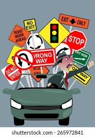 Cartoon character of an angry driver, screaming and gesturing, assorted warning traffic signs on the background, vector illustration, no transparencies, EPS 8