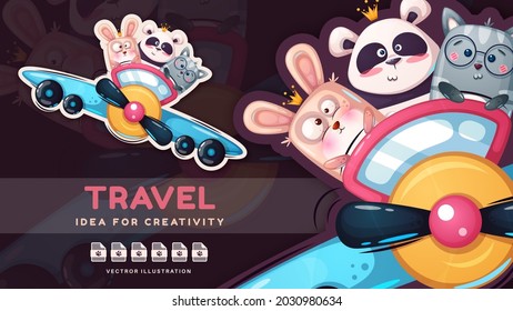 Cartoon character animal friend travel.