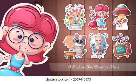 Cartoon character animal and girl cute sticker.