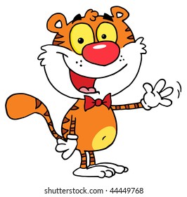 Cartoon Character Animal Tiger Waving A Greeting