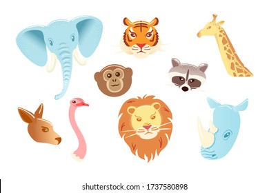 Cartoon character animals mask set Isolated on white background. Funny zoo head. Vector illustration face object. Flat collection Rhinoceros kangaroo Ostrich tiger lion elephant monkey giraffe raccoon