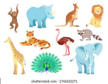 Cartoon character animals set Isolated on white background. Funny zoo shapes. Vector illustration object. Flat collection Rhinoceros kangaroo Ostrich tiger lion elephant monkey giraffe raccoon.