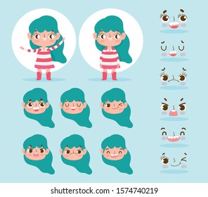 cartoon character animation little girl with green hair and different gesture faces vector illustration cartoon character animation little girl with green hair and different gesture faces vector illustration
