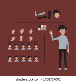 Cartoon character animation set for your motion design...  Parts of body legs and arms , face emotions, haircuts and hands gestures. Vector cartoon men character


