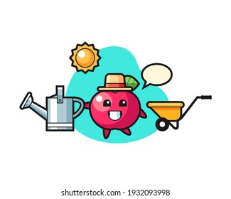 Cartoon character of apple holding watering can
