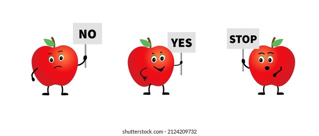 Cartoon character apples, holding a sign with words NO, STOP or Yes. apple character on demonstration protests against or approves. Vector illustration.